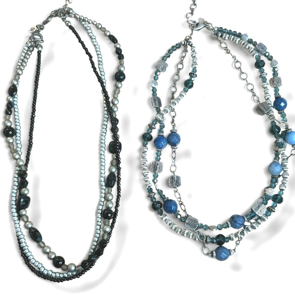 Premier Designs Beaded Multistrand Necklaces Silver Tones Blue Black 2 Necklaces
